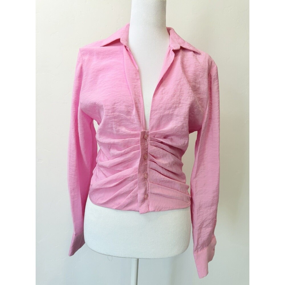 Zara Pink Ruched Button Front Blouse XS NWT Long Sleeve Collared Top